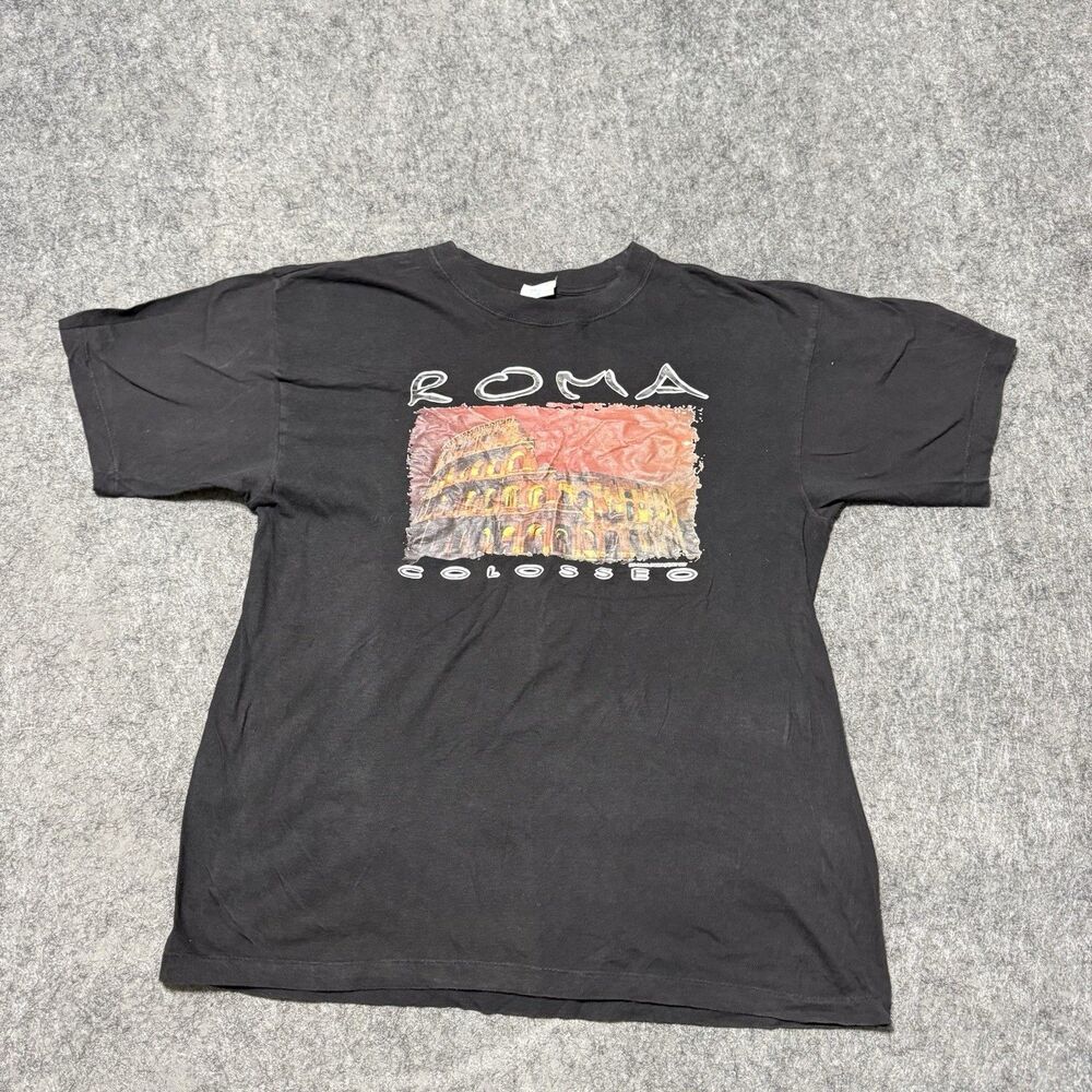 Vtg 90s Roma Colosseo Rome Italy Shirt XL Single Stitch Loose Garment Faded BLK